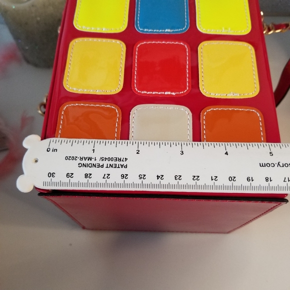 Retro Glossy Red Multicolor Square Rubiks Cube Shape Purse Chain Handbag NEW - Picture 14 of 16